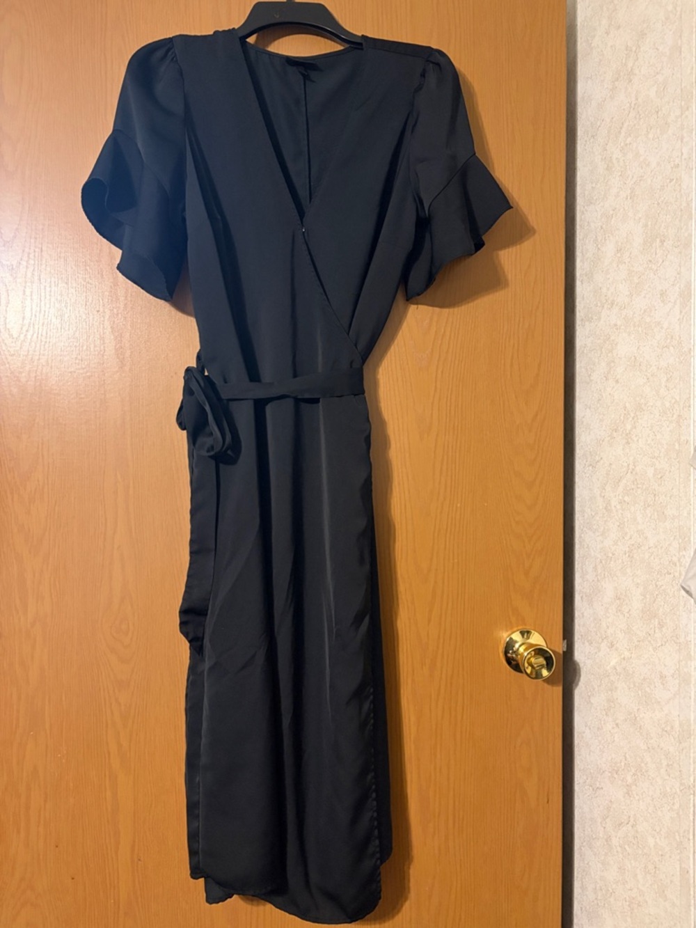 Who What Wear Black Wrap Midi Dress with Tie Waist and Flutter Sleeves